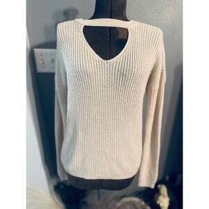 Cream Cut Out V Neck Knit Sweater Casual Everyday Pullover